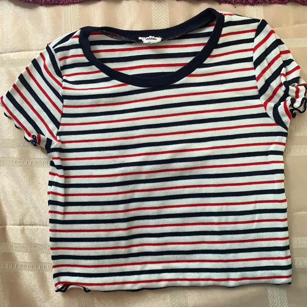 Garage Navy Blue and Red striped basic ruffles tee